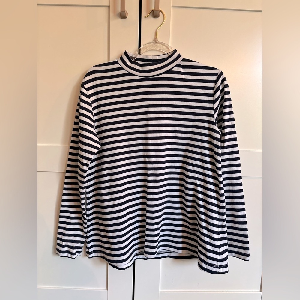 KATE BARTON Navy & White Striped Mock Neck Long Sleeve Top Size Small Minimalist
